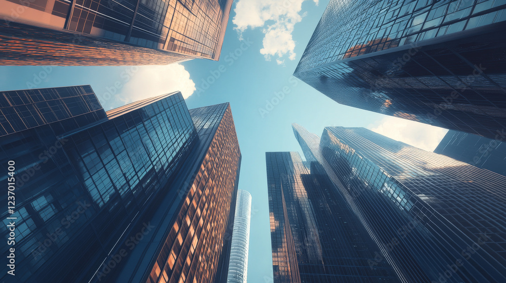 Aufkleber abstract city sky scraper structure background 3d illustration rendering with sky