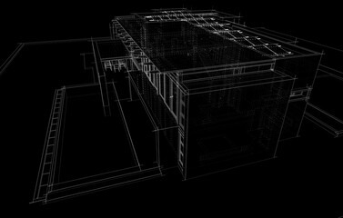 3D architectural wireframe of a modern house with large glass windows and open terrace. Ideal for architectural visualization, real estate concepts, and building design presentations.