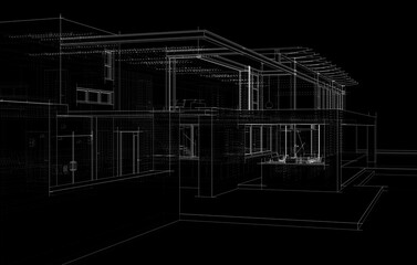 3D architectural wireframe of a modern house with large glass windows and open terrace. Ideal for architectural visualization, real estate concepts, and building design presentations.