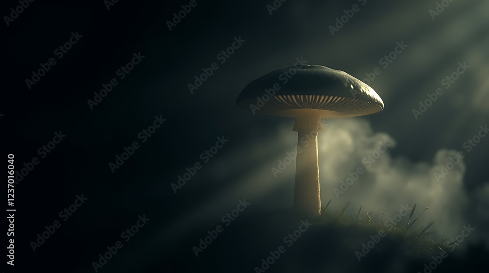 Poster mushroom illuminated by soft light in a misty forest setting during twilight hours