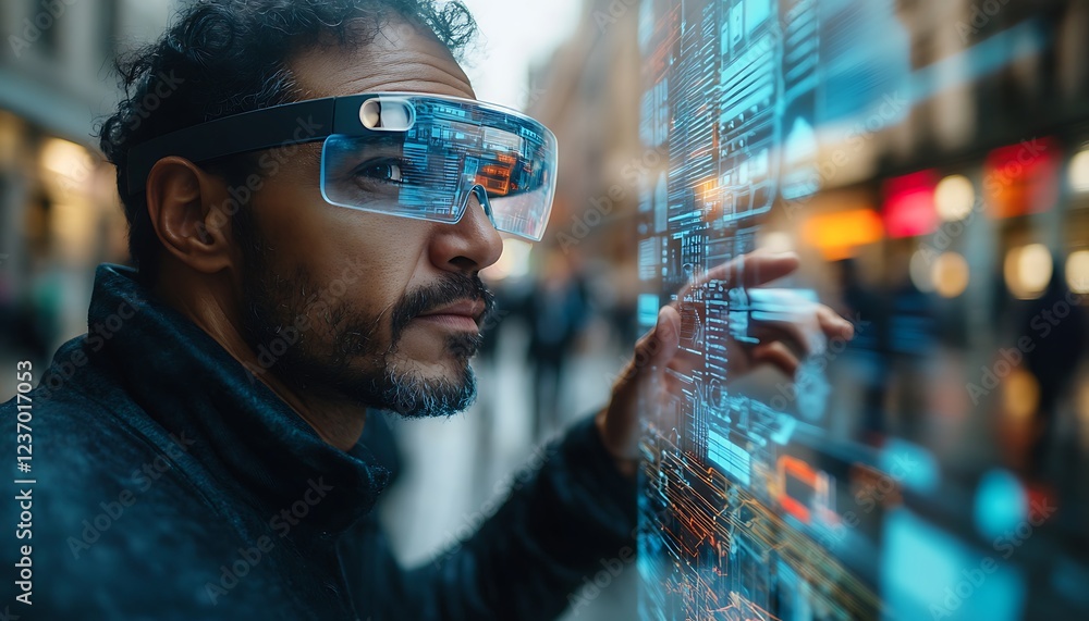 Poster man using futuristic smart glasses interacts with a digital interface in a city.