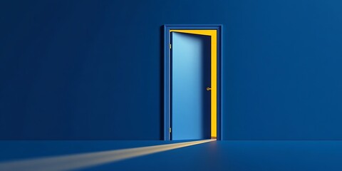 open blue door isolated on blue background, yellow light going through the slot.