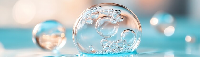 Air bubbles rise gently in a soothing blue backdrop, softly illuminated by sunlight. The tranquil scene evokes a peaceful underwater ambiance, inviting relaxation