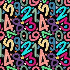 Seamless hand drawn doodle numbers 0-9 in various colors such as blue, white, green, blue, yellow, pink and purple, red on a black background.