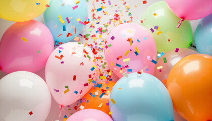 April Fool's Day. Vibrant confetti-filled balloons bursting in mid-air, festive celebration