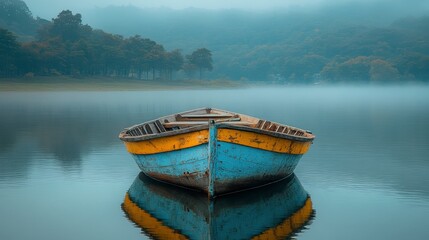 Misty lake, solitary boat, tranquil scene, serene landscape, nature photography