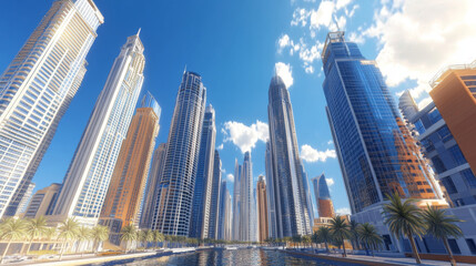 Obraz premium Cluster of tall buildings in urban setting 360 panorama vr environment map. 3D Illustration