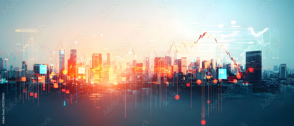 Poster a futuristic city skyline with abstract data visualizations and glowing elements representing techno