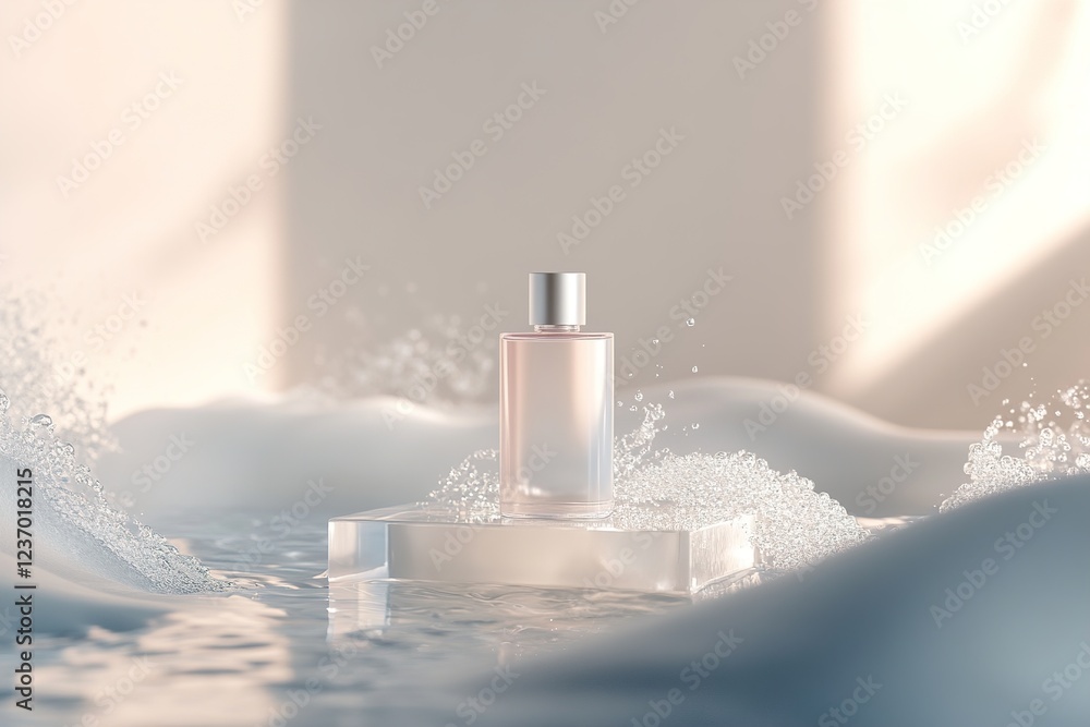 Poster a skincare bottle is elegantly displayed on a transparent platform beneath gentle waves. soft light 
