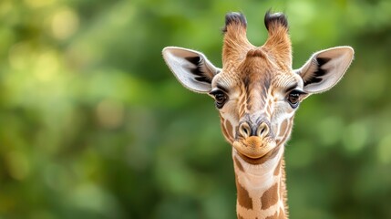 Naklejka premium Cute baby giraffe portrait, green bokeh background, wildlife, zoo