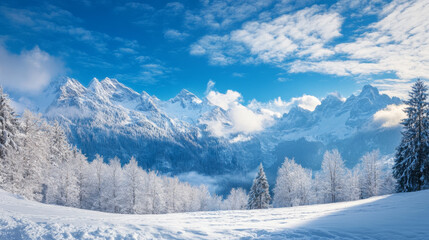 Fototapeta premium Majestic mountain range covered in snow under a clear blue sky at noon 360 panorama vr environment map. 3D Illustration