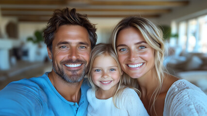 A happy family taking selfie photo at home with their daughter