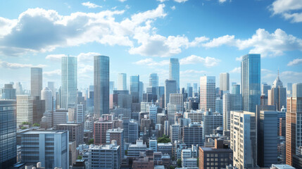 Obraz premium Urban skyline dominated by tall buildings 3d render illustration. 3D Illustration