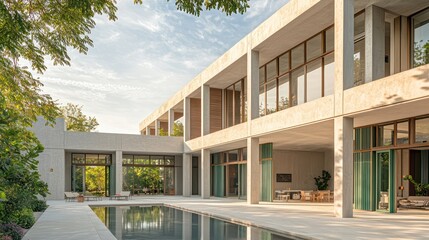 A sprawling modern dwelling with an alfresco pool and terrace