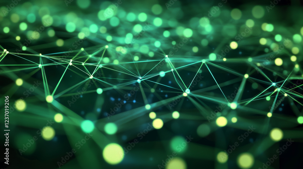 Poster abstract green technology point mesh network in dark space 3d render illustration