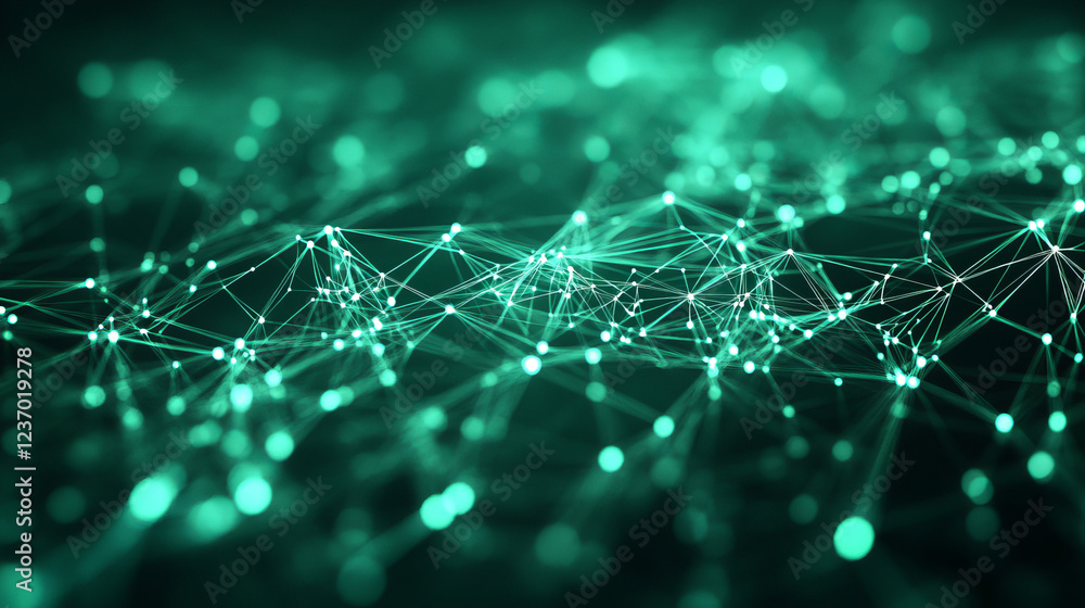Poster abstract green technology point mesh network in dark space 3d render illustration