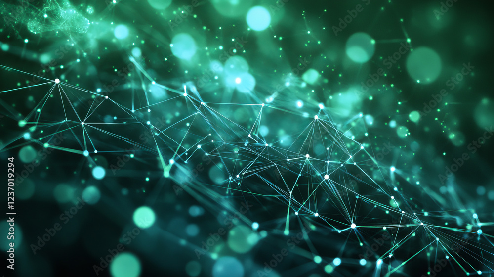 Poster abstract green technology point mesh network in dark space 3d render illustration