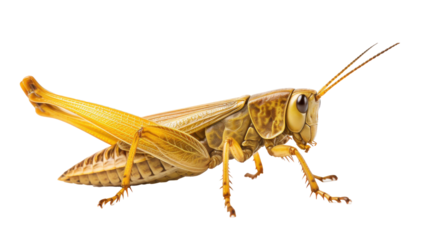 A charming grasshopper stands out with its bright yellow color and intricate details against a white backdrop. The insect's unique features highlight its natural beauty and playful nature