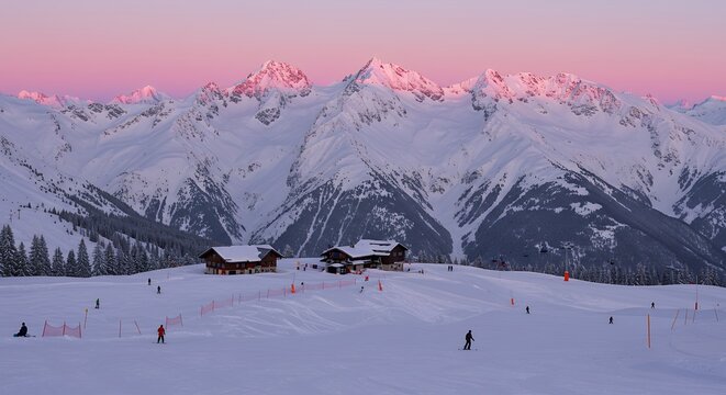 Pink Sunset Alpine Ski Resort Mountain Landscape