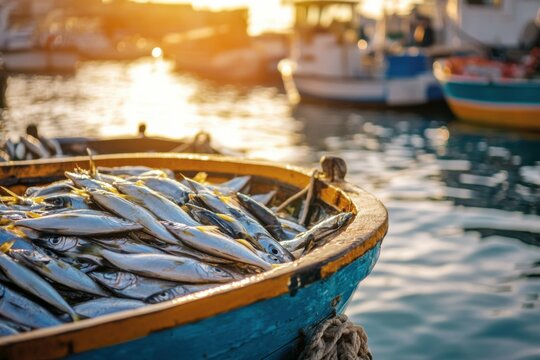 boat filled with freshly caught fish in a bustling harbor, vibrant and lively atmosphere, bright natural lighting, coastal charm