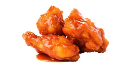 Three golden crispy chicken wings are drenched in a rich spicy sauce, creating an enticing look
