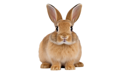 A fluffy rabbit with soft fur and large ears sits quietly in an isolated studio environment. Its curious expression adds to its charm as it looks directly ahead