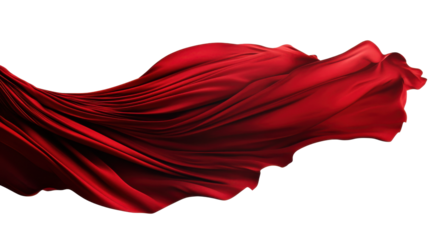 The vibrant red fabric sways softly, creating dynamic curves and folds. Isolated against a white backdrop, it captures movement and elegance with its rich texture