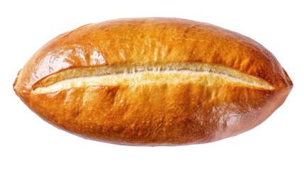 A freshly baked bread loaf sits isolated on a white background, showcasing its golden brown crust and even texture. This bread delights with its warmth and inviting appearance