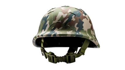 A camouflage helmet is shown in isolation, emphasizing its unique design and military features. The helmet exhibits various colors and textures on a clean background