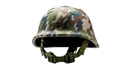 A camouflage helmet is shown in isolation, emphasizing its unique design and military features. The helmet exhibits various colors and textures on a clean background