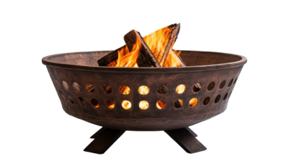 The fire pit, designed with circular cutouts, holds burning logs that generate a lively flame. This isolated outdoor setting evokes a cozy and inviting atmosphere