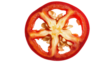 Bright red pepper is cut in half, revealing its interior and seeds. This isolated view highlights the vegetable's distinctive texture and natural beauty, making it visually appealing