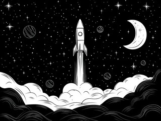 Rocket launch into space with stars, moon, and clouds in a black and white line art style.