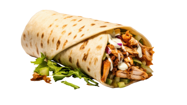 This appetizing wrap showcases tender pieces of chicken combined with fresh vegetables and a creamy sauce, all neatly wrapped in a soft tortilla. Perfect for lunch or a quick snack