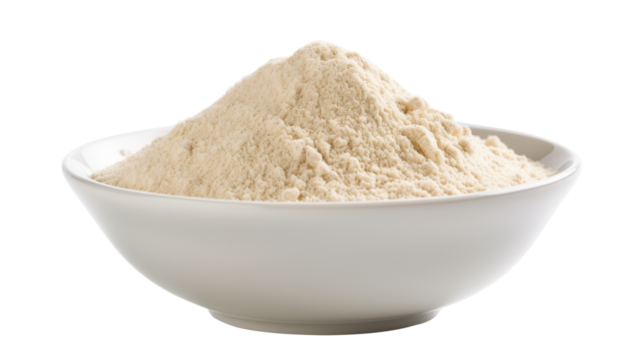 A white bowl filled with a mound of beige powder is isolated against a bright background. The texture appears fine and ready for various culinary applications
