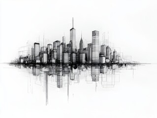 Obraz premium Minimalist continuous line art of a city skyline with iconic buildings and reflection.