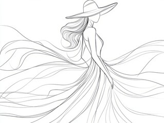 Minimalist continuous line art of a fashionable woman in a flowing dress and hat, embodying elegance and grace.