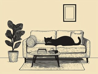 Minimalist line art of a cozy living room with a cat, sofa, coffee table, and plants, capturing home comfort.