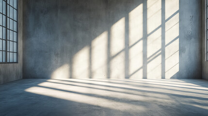 Empty room with concrete floor and diagonal shadows cast from sun light 3d render illustration