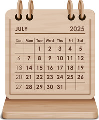 Illustration vector of July 2025 WOODEN and cardboard desktop Calendar