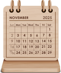 Illustration vector of November 2025 WOODEN and cardboard desktop Calendar