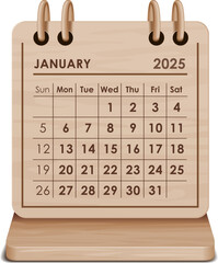 Illustration vector of January 2025 WOODEN and cardboard desktop Calendar