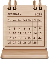 Illustration vector of February 2025 WOODEN and cardboard desktop Calendar