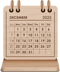 Illustration vector of December 2025 WOODEN and cardboard desktop Calendar