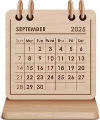 Illustration vector of September 2025 WOODEN and cardboard desktop Calendar