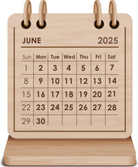 Illustration vector of June 2025 WOODEN and cardboard desktop Calendar