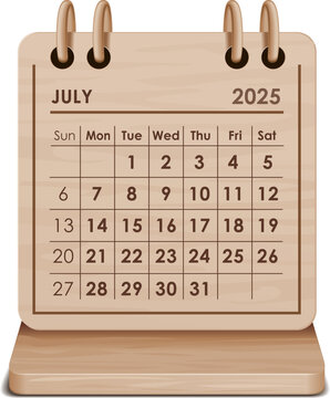 Illustration vector of July 2025 WOODEN and cardboard desktop Calendar