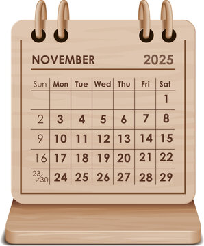 Illustration vector of November 2025 WOODEN and cardboard desktop Calendar