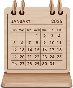 Illustration vector of January 2025 WOODEN and cardboard desktop Calendar