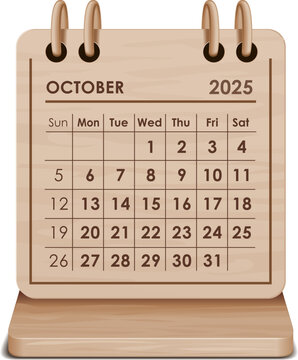 Illustration vector of October 2025 WOODEN and cardboard desktop Calendar